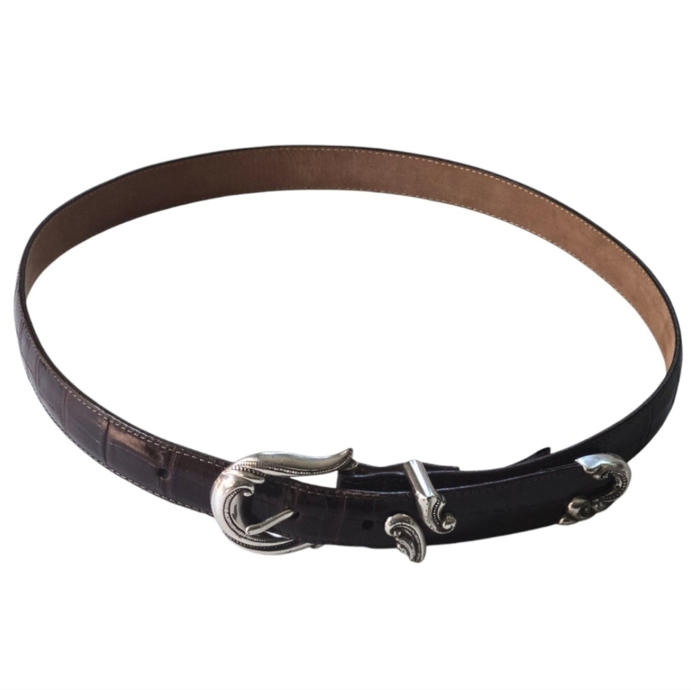 Brighton Brown Croc Embossed Leather Belt Allegro Swirl Silvertone Buckle Size M